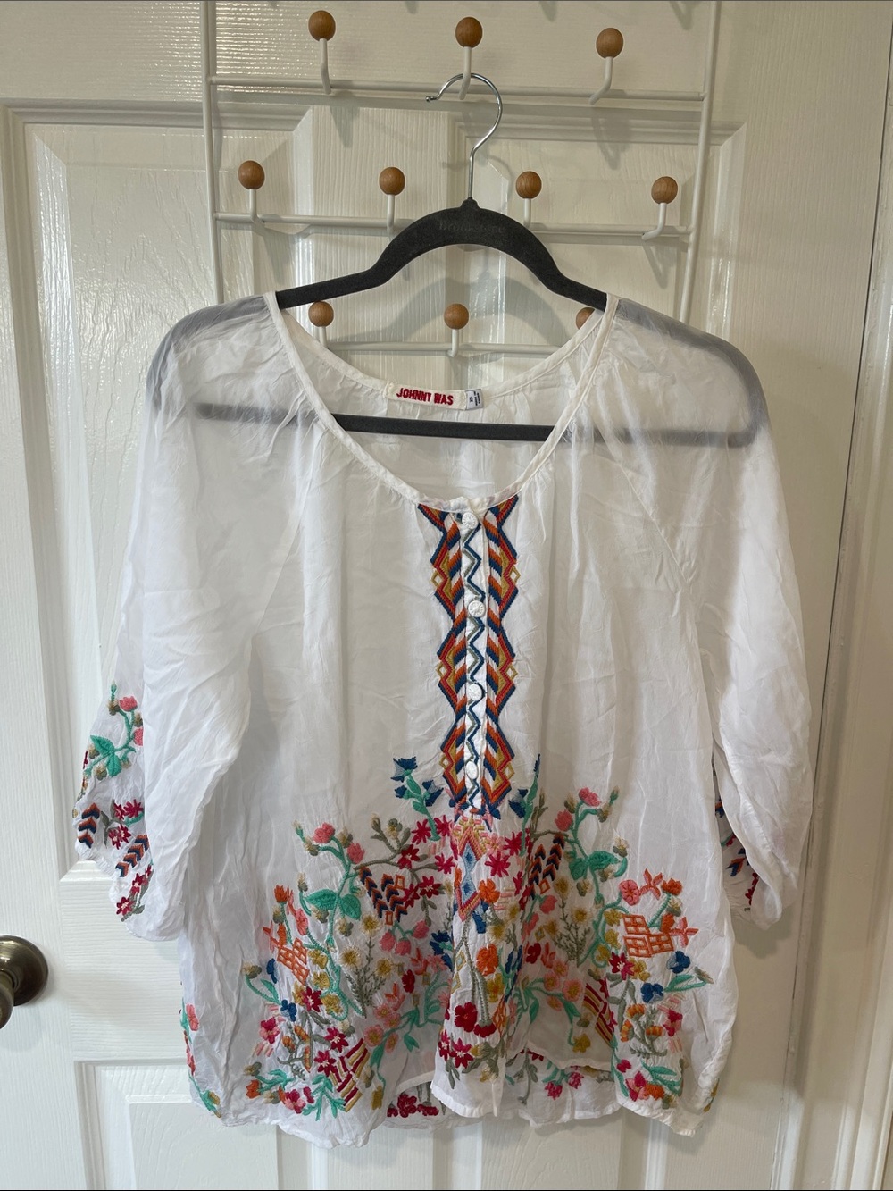 Johnny Was White Embroidered Peasant Blouse - Multicolor Floral